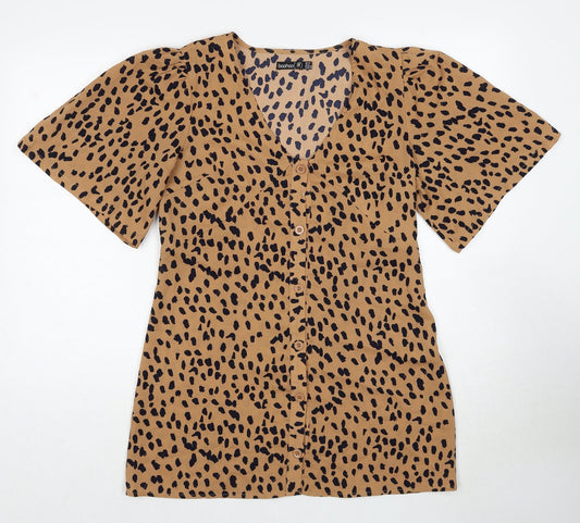 Boohoo Womens Brown Animal Print Polyester A-Line Size 10 V-Neck Button - Cheetah Pattern
