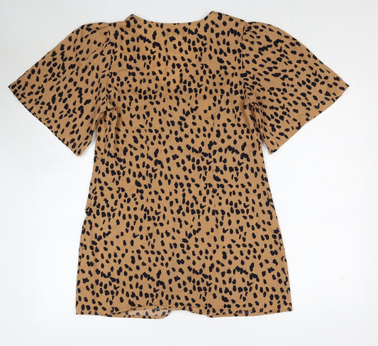 Boohoo Womens Brown Animal Print Polyester A-Line Size 10 V-Neck Button - Cheetah Pattern
