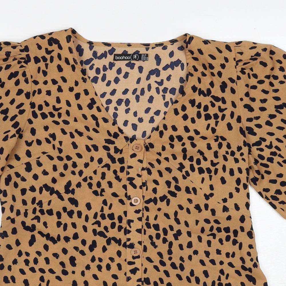 Boohoo Womens Brown Animal Print Polyester A-Line Size 10 V-Neck Button - Cheetah Pattern
