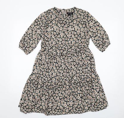 New Look Womens Black Floral Polyester A-Line Size 8 Round Neck Button - Tiered