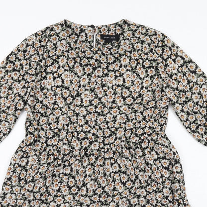 New Look Womens Black Floral Polyester A-Line Size 8 Round Neck Button - Tiered