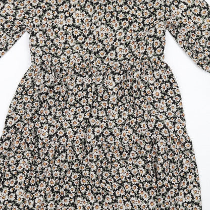 New Look Womens Black Floral Polyester A-Line Size 8 Round Neck Button - Tiered