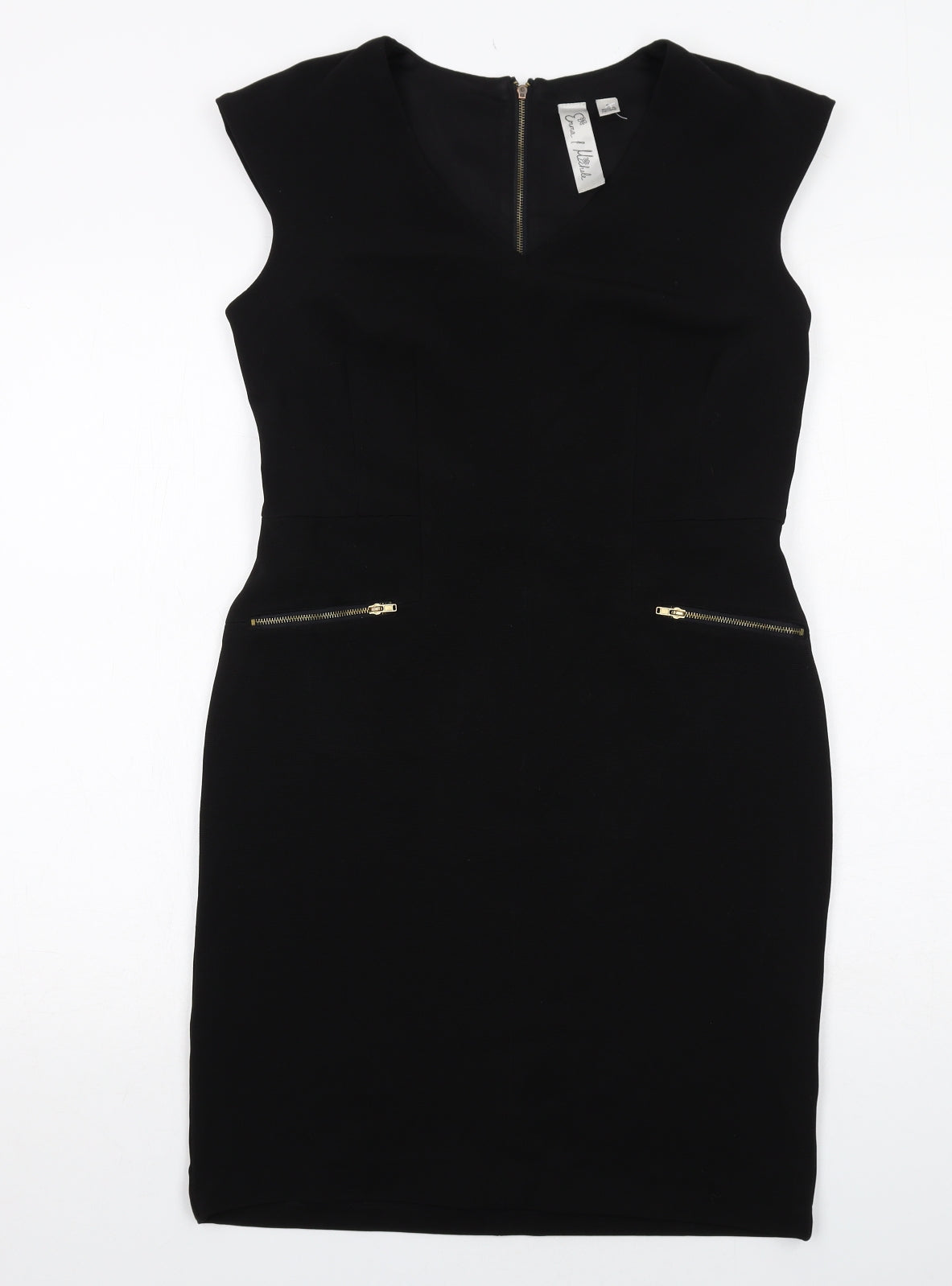 Emma & Michele Womens Black Polyester Pencil Dress Size 6 V-Neck Zip - Cap Sleeve