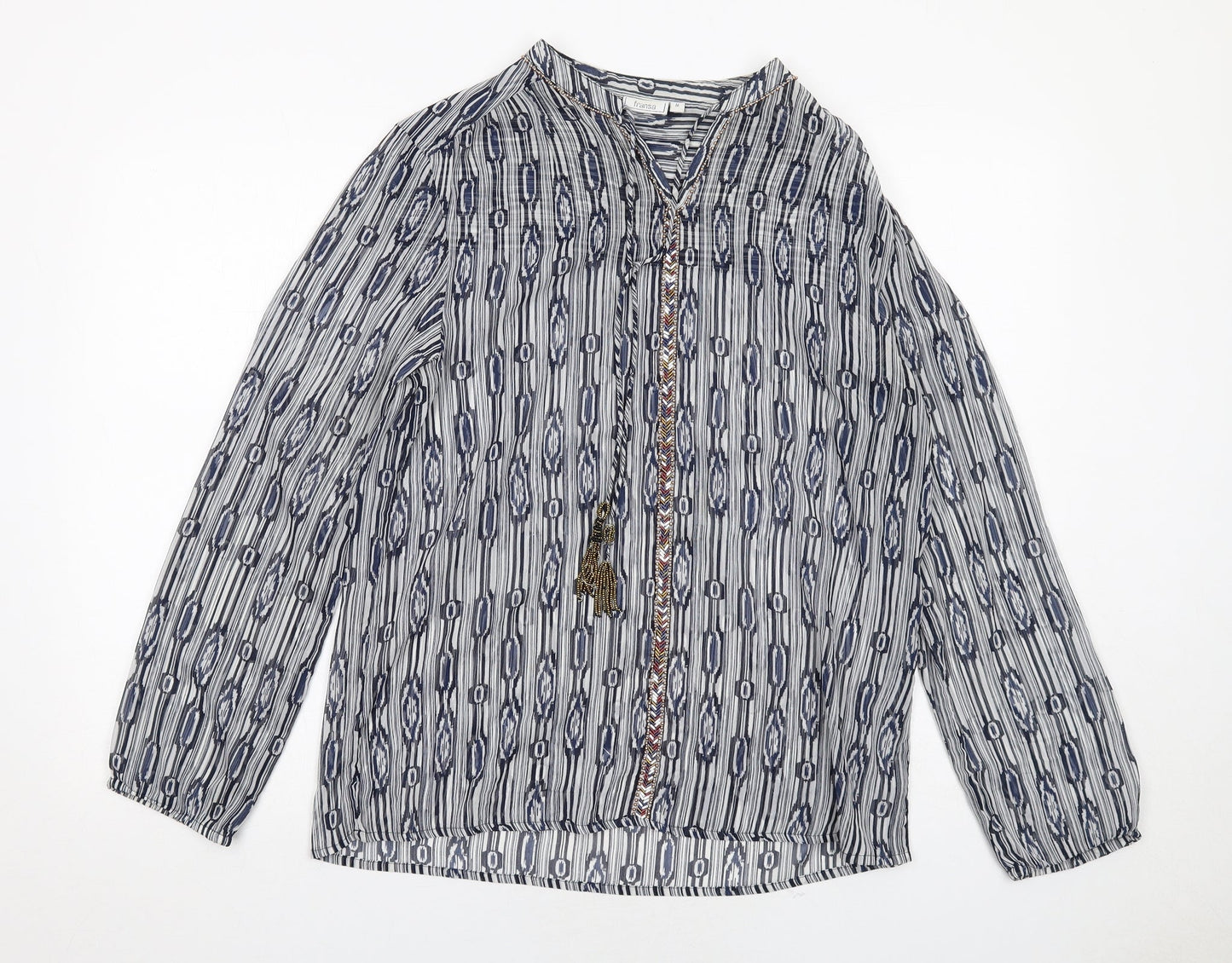 fransa Womens Blue Geometric Polyester Basic Blouse Size M V-Neck