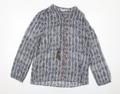 fransa Womens Blue Geometric Polyester Basic Blouse Size M V-Neck