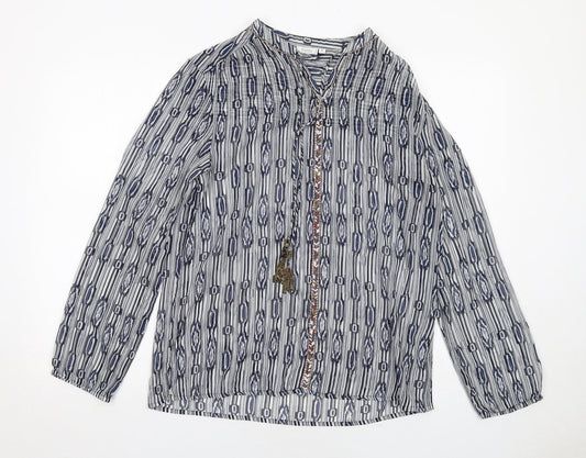 fransa Womens Blue Geometric Polyester Basic Blouse Size M V-Neck