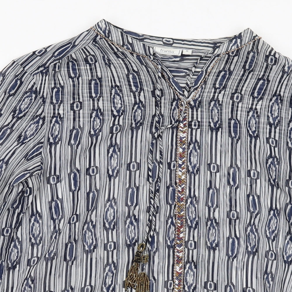 fransa Womens Blue Geometric Polyester Basic Blouse Size M V-Neck