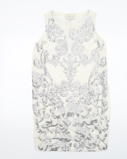 River Island Womens Ivory Geometric Polyester Shift Size 10 Boat Neck Zip - Embellished