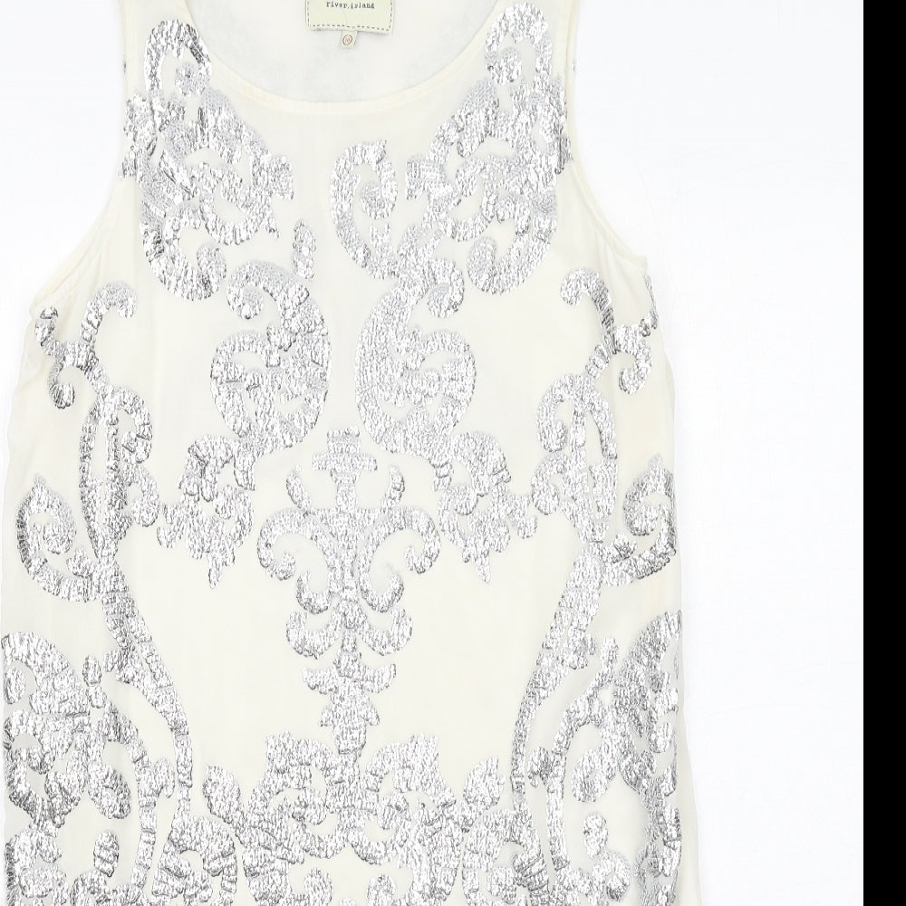 River Island Womens Ivory Geometric Polyester Shift Size 10 Boat Neck Zip - Embellished