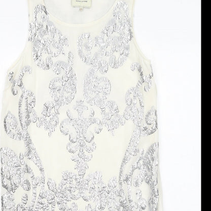 River Island Womens Ivory Geometric Polyester Shift Size 10 Boat Neck Zip - Embellished