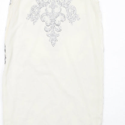 River Island Womens Ivory Geometric Polyester Shift Size 10 Boat Neck Zip - Embellished