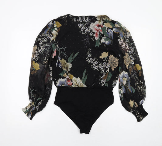 New Look Womens Black Floral Polyester Bodysuit One-Piece Size 8 Snap - Wrap Front