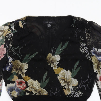 New Look Womens Black Floral Polyester Bodysuit One-Piece Size 8 Snap - Wrap Front