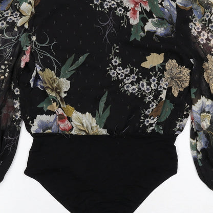 New Look Womens Black Floral Polyester Bodysuit One-Piece Size 8 Snap - Wrap Front