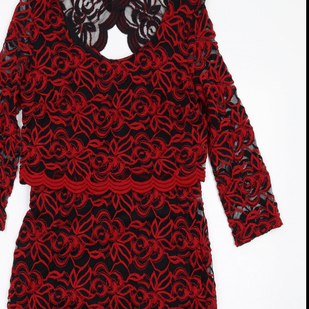 Per Una Womens Red Geometric Polyester A-Line Size 10 Round Neck Pullover