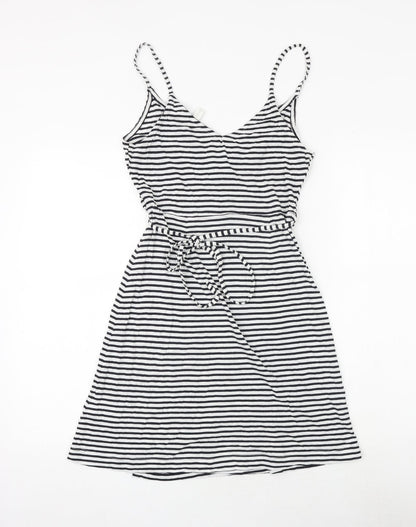 H&M Womens White Striped Cotton Tank Dress Size XS V-Neck Tie