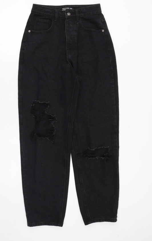 PRETTYLITTLETHING Womens Black Cotton Boyfriend Jeans Size 6 Regular Zip