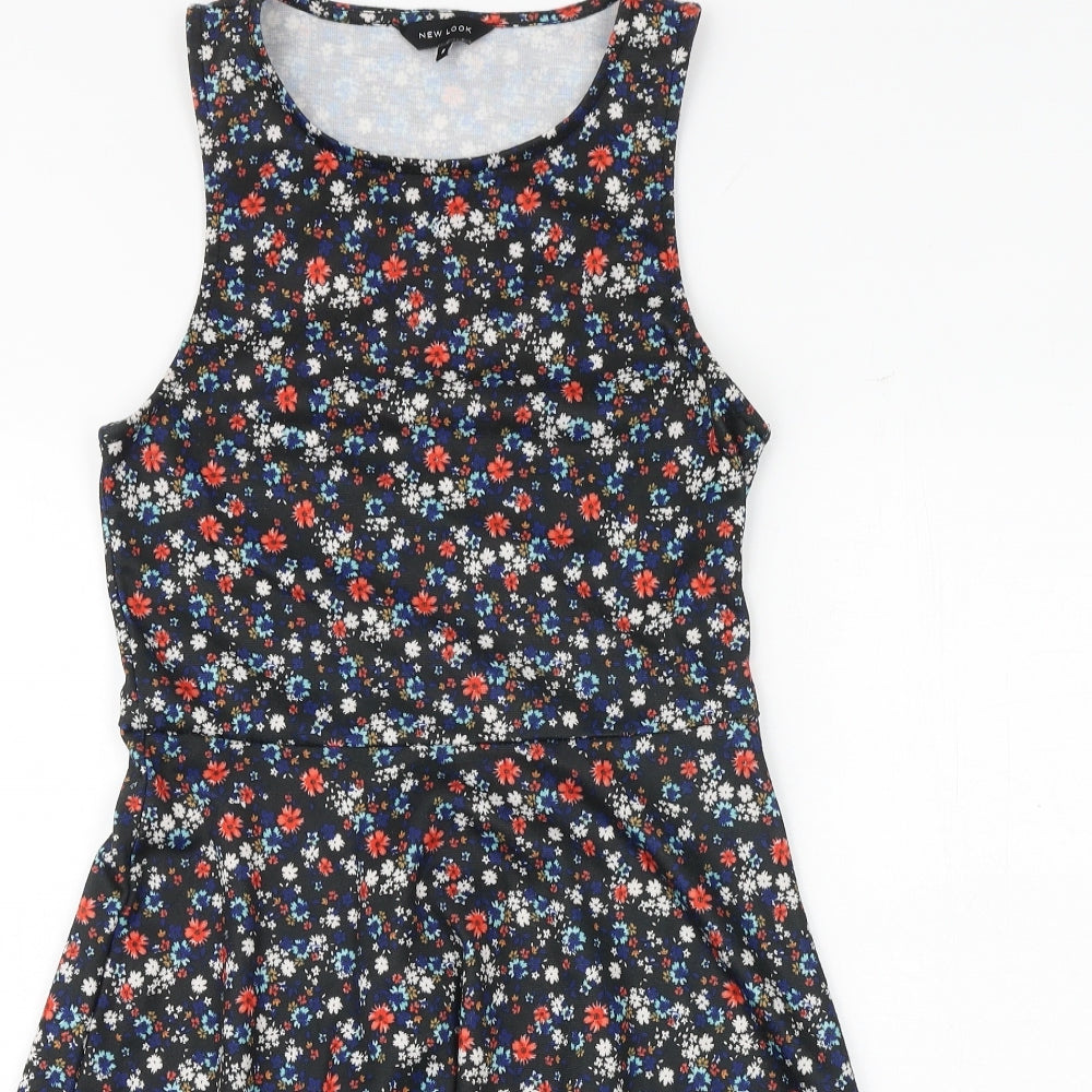 New Look Womens Black Floral Polyester Fit & Flare Size 8 Round Neck Pullover