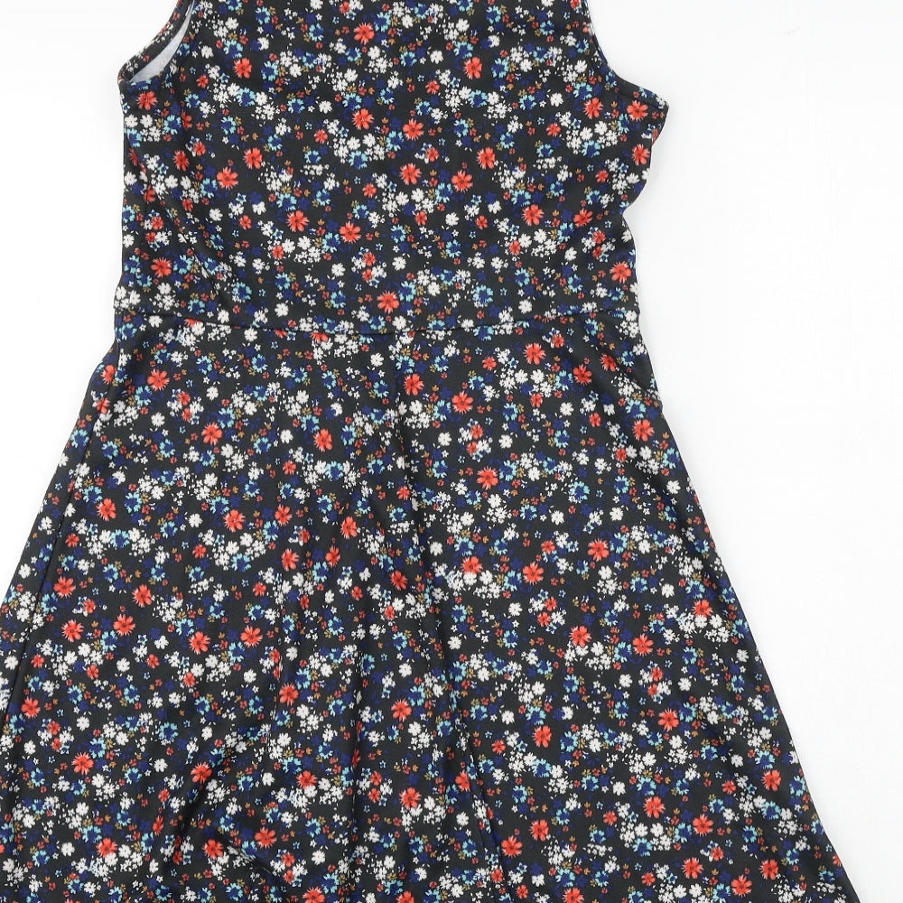 New Look Womens Black Floral Polyester Fit & Flare Size 8 Round Neck Pullover