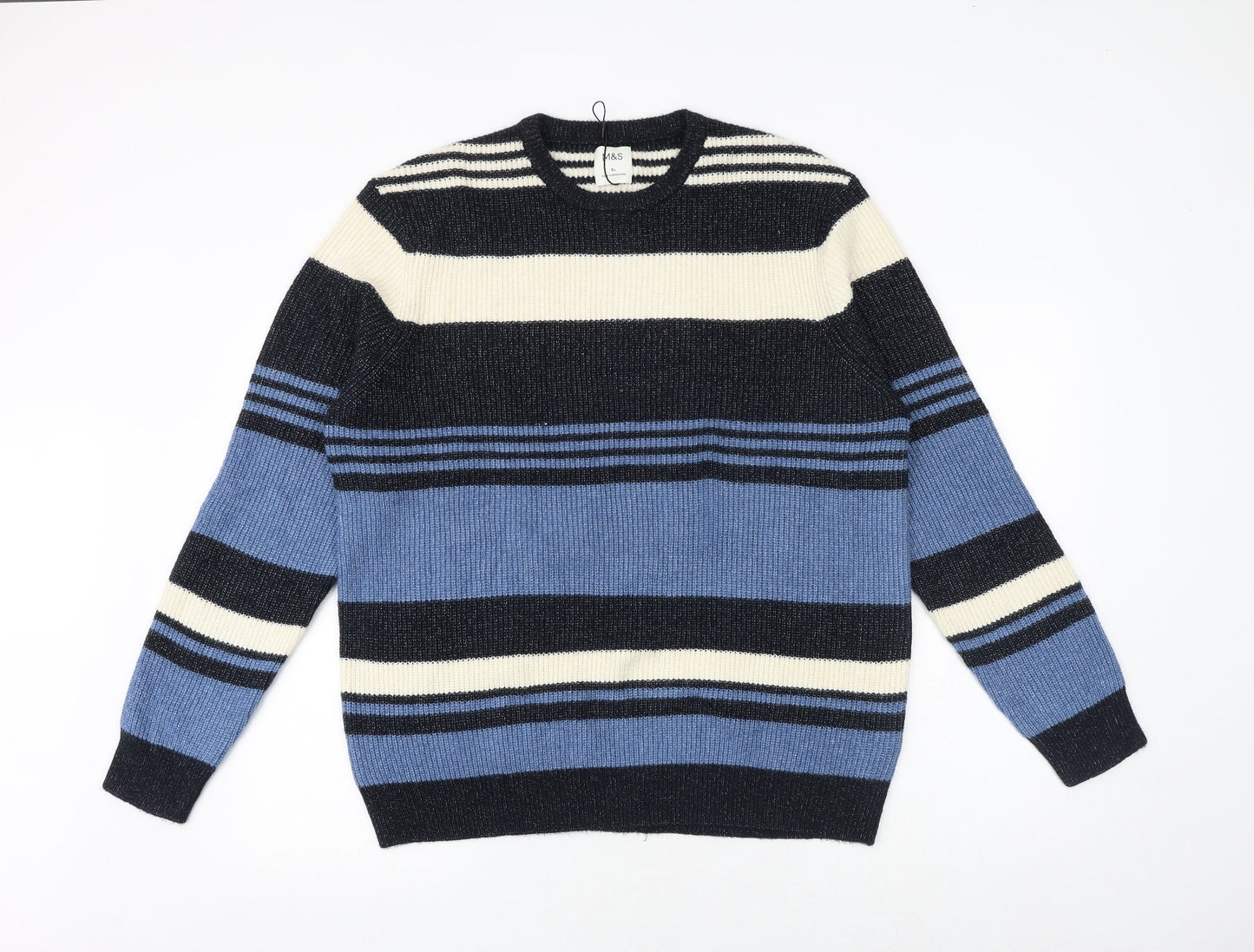 Marks and Spencer Mens Multicoloured Round Neck Striped Polyamide Pullover Jumper Size XL Long Sleeve