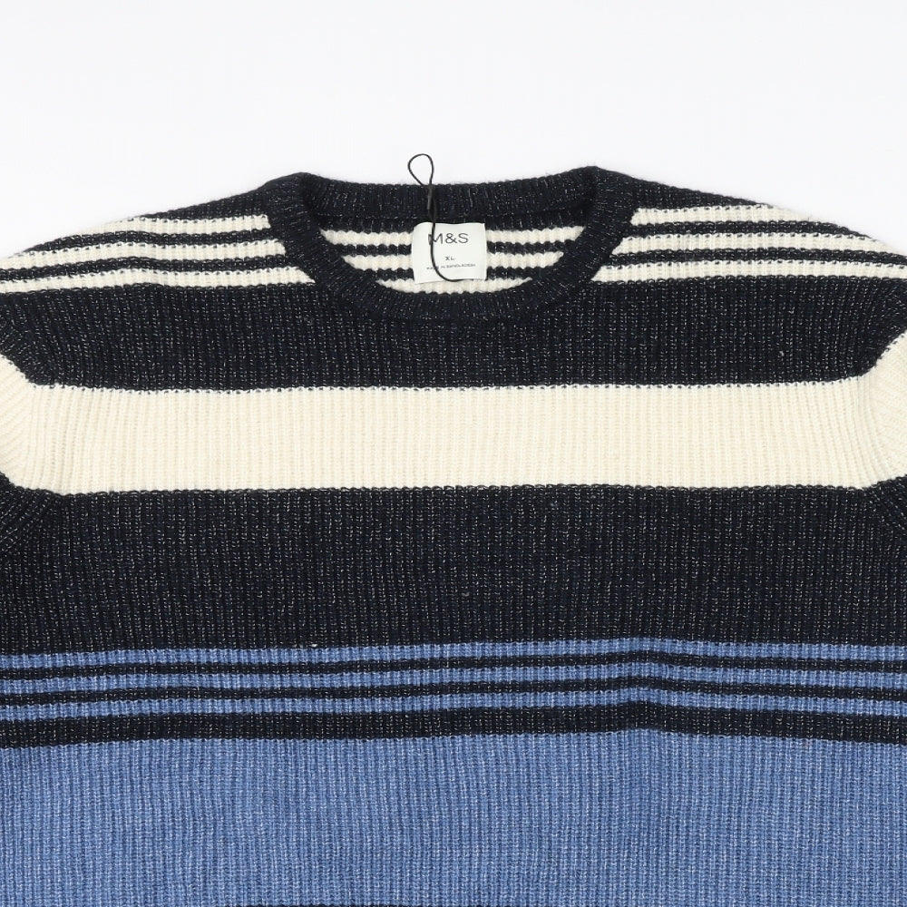 Marks and Spencer Mens Multicoloured Round Neck Striped Polyamide Pullover Jumper Size XL Long Sleeve