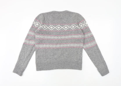 Ronit Zilkha Womens Grey Round Neck Geometric Nylon Pullover Jumper Size L