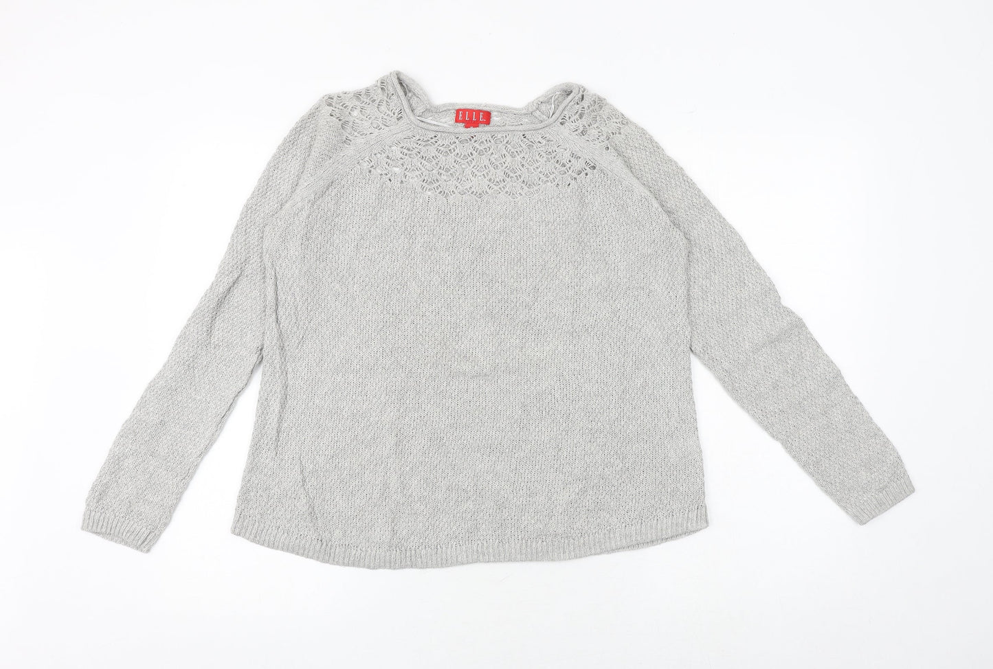 ELLE Womens Grey Round Neck Cotton Pullover Jumper Size M