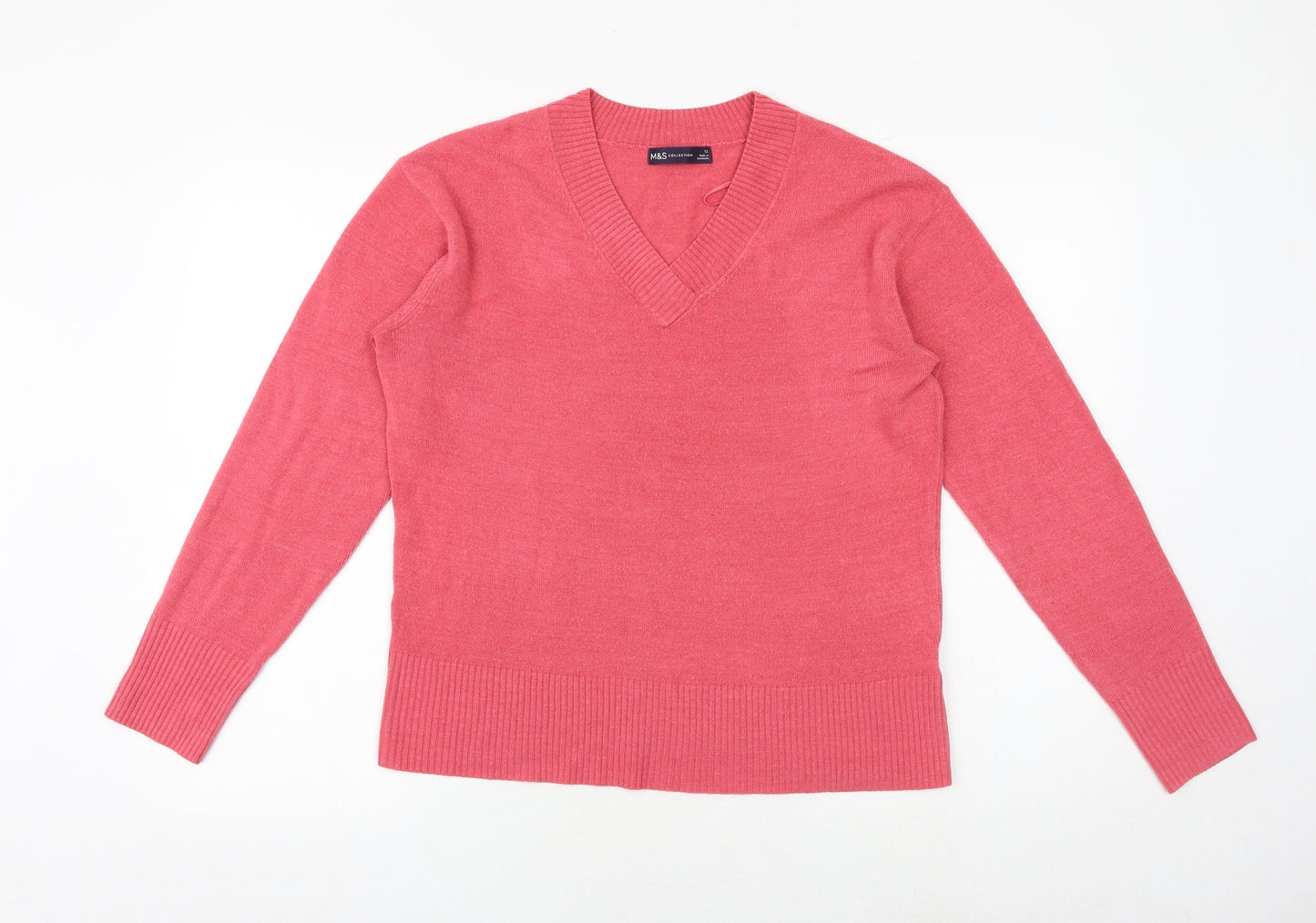Marks and Spencer Womens Pink V-Neck Acrylic Pullover Jumper Size 12