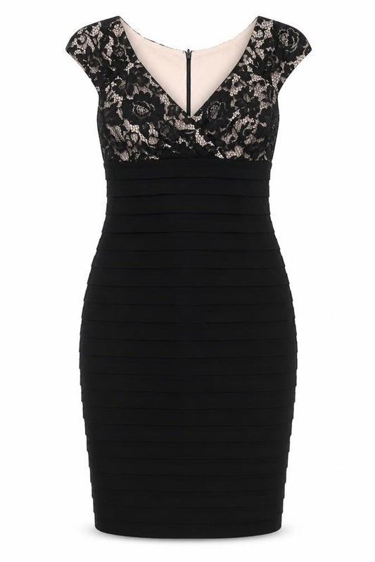 Front view of Linea women’s black floral polyester bodycon, size UK 8, v-neck zip