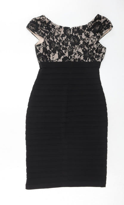 Linea Womens Black Floral Polyester Bodycon Size 8 V-Neck Zip