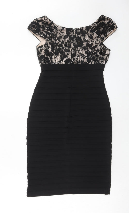 Linea Womens Black Floral Polyester Bodycon Size 8 V-Neck Zip