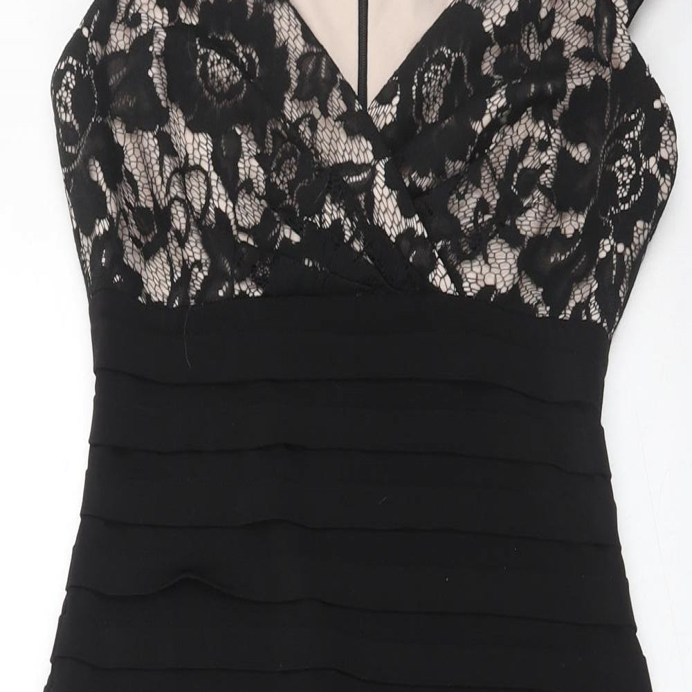 Linea Womens Black Floral Polyester Bodycon Size 8 V-Neck Zip