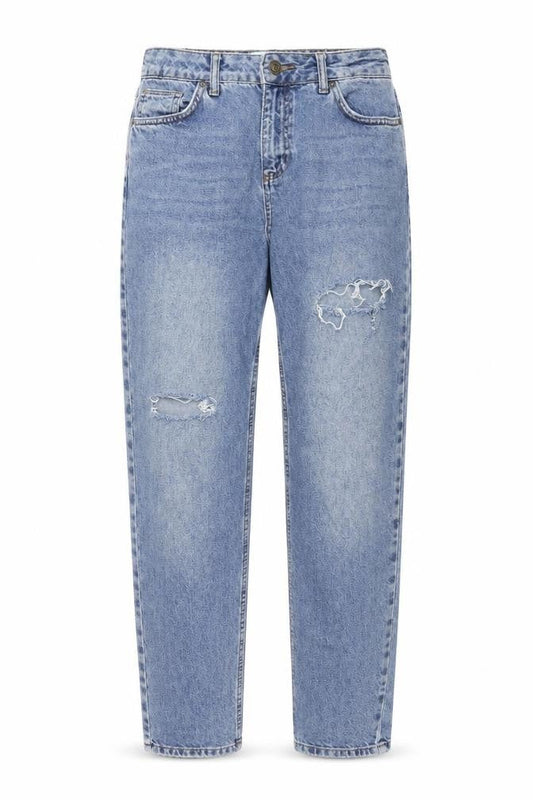 Front view of BDG women’s blue cotton straight jeans, size UK 28, in, 32-inch leg regular zip