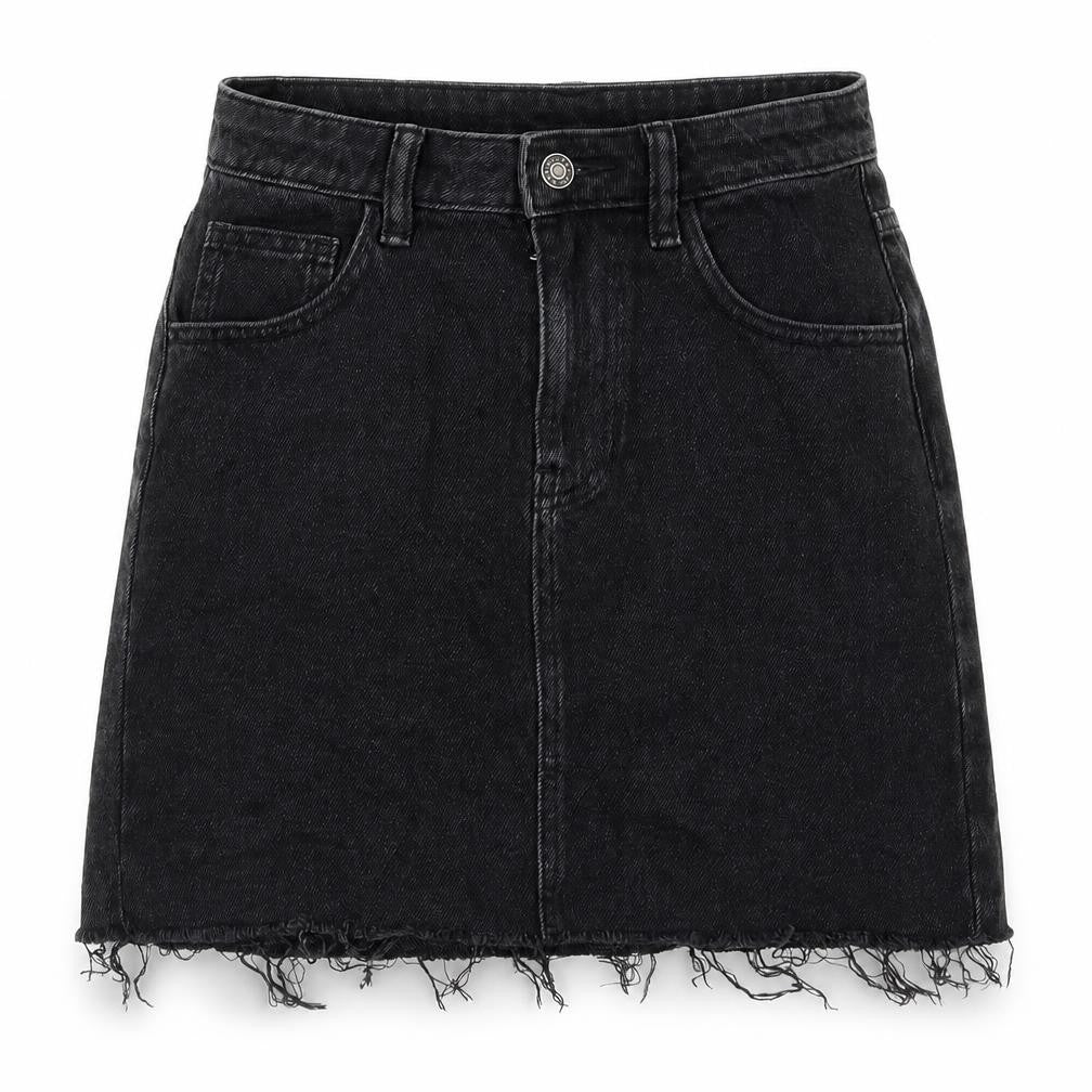 Front view of AsYou women’s black cotton a-line skirt, size UK 8, zip