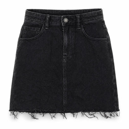 Front view of AsYou women’s black cotton a-line skirt, size UK 8, zip