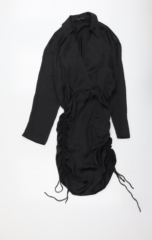 Zara Womens Black Polyester Shirt Dress Size XS Collared Zip