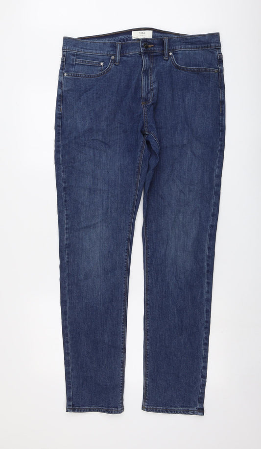 Marks and Spencer Mens Blue Cotton Straight Jeans Size 34 in L33 in Slim Button
