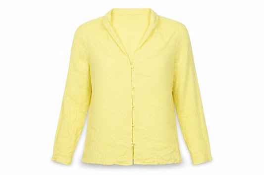 Front view of ICHI women’s yellow geometric viscose basic button-up, size S, collared