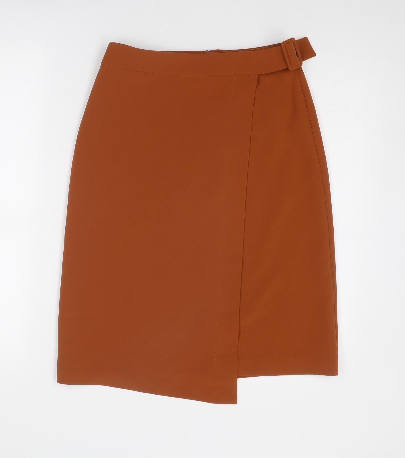 Marks and Spencer Womens Brown Polyester Wrap Skirt Size 6 Zip