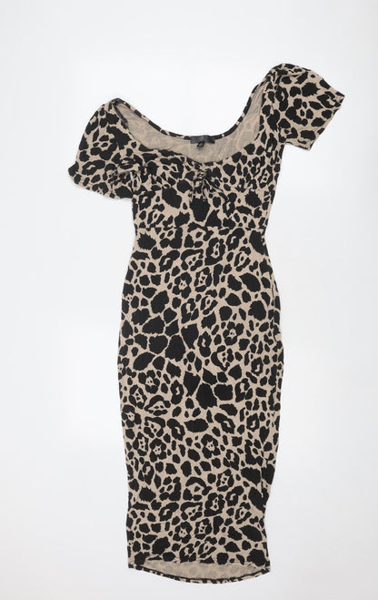 Missguided Womens Beige Animal Print Viscose Bodycon Size 8 Round Neck Pullover - Leopard Print