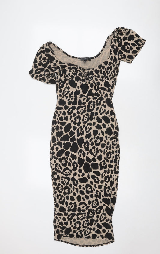 Missguided Womens Beige Animal Print Viscose Bodycon Size 8 Round Neck Pullover - Leopard Print