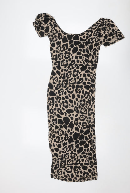 Missguided Womens Beige Animal Print Viscose Bodycon Size 8 Round Neck Pullover - Leopard Print