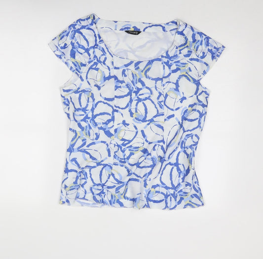 Alexara Womens Blue Geometric Polyester Basic Blouse Size 14 Boat Neck