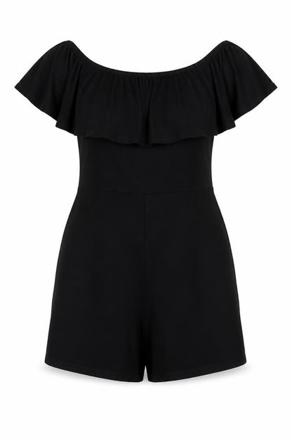 Front view of Missguided women’s black viscose playsuit one-piece, size UK 8, pullover