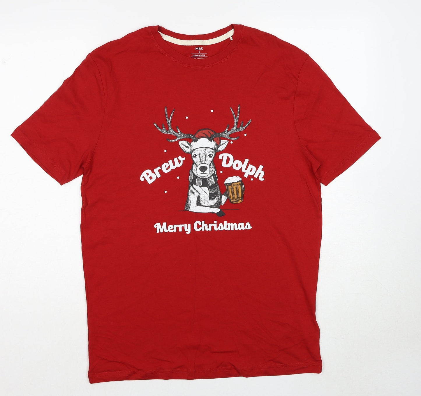 Marks and Spencer Mens Red Cotton T-Shirt Size S Round Neck - Brew-Dolph Christmas