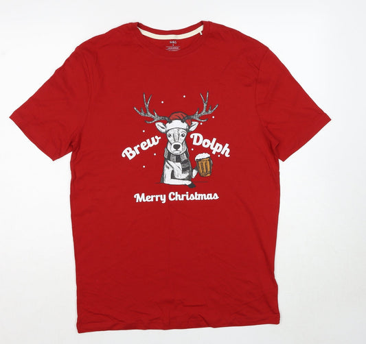 Marks and Spencer Mens Red Cotton T-Shirt Size S Round Neck - Brew-Dolph Christmas