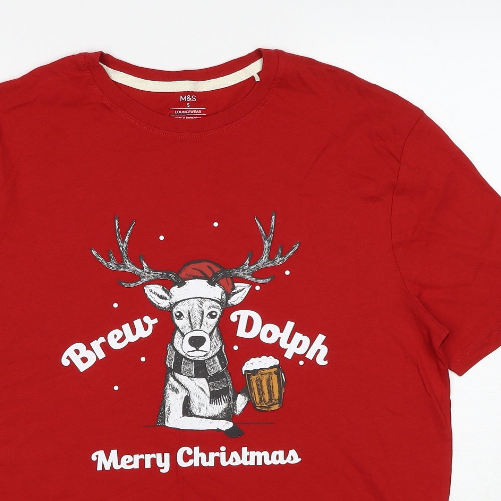 Marks and Spencer Mens Red Cotton T-Shirt Size S Round Neck - Brew-Dolph Christmas