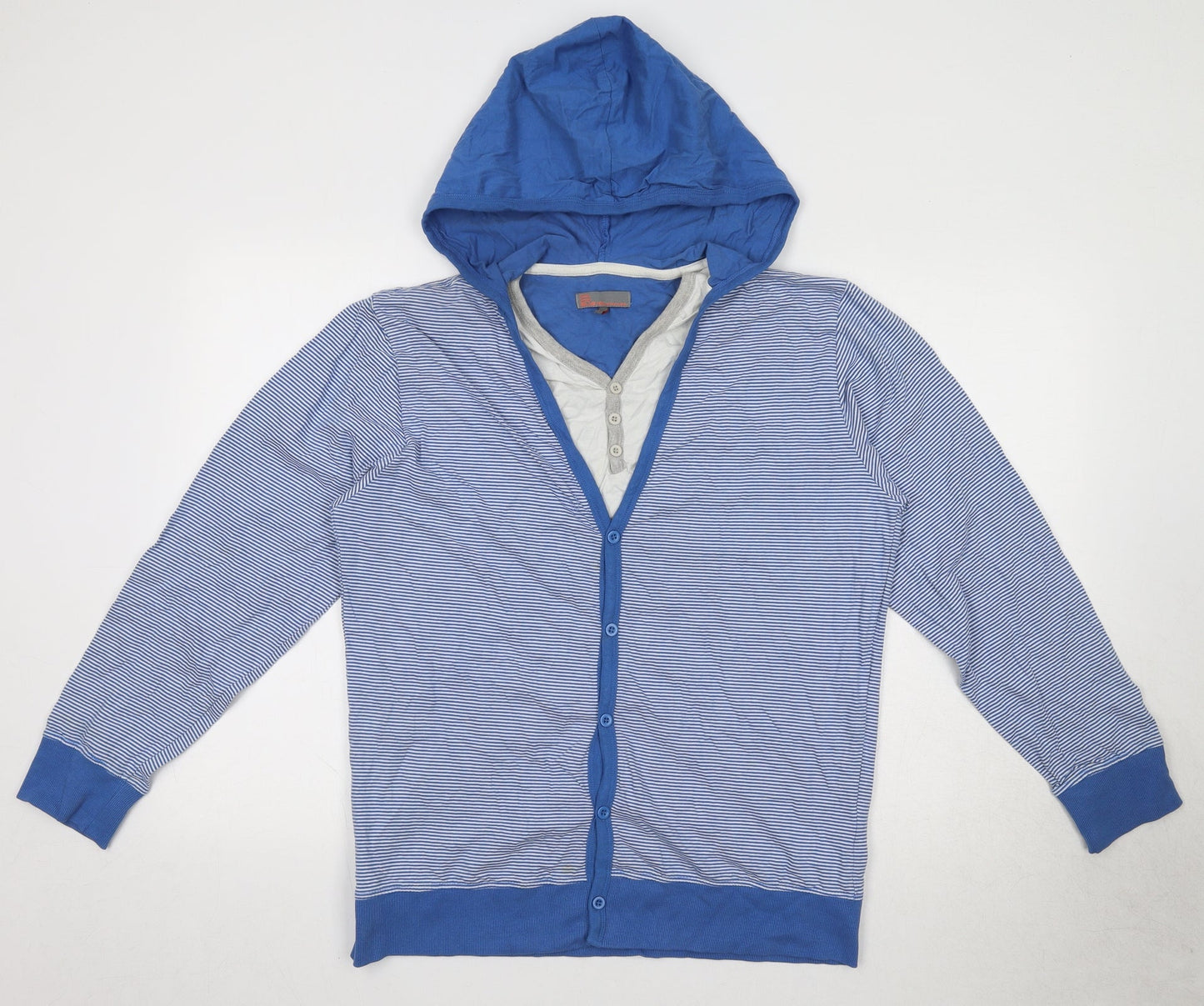 Blue Inc Mens Blue Round Neck Striped Polyester Cardigan Jumper Size L Long Sleeve