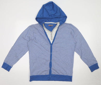 Blue Inc Mens Blue Round Neck Striped Polyester Cardigan Jumper Size L Long Sleeve