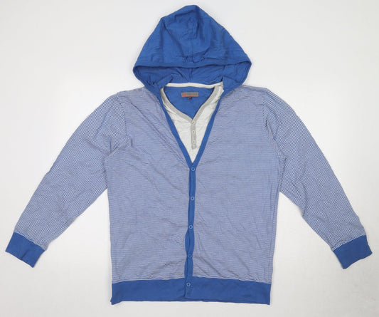 Blue Inc Mens Blue Round Neck Striped Polyester Cardigan Jumper Size L Long Sleeve
